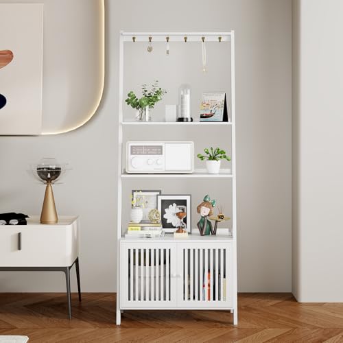 Ladder Shelf with Drawers, Bookshelf 4-Tier Bamboo Bookcase with 6 Hooks - color: 4-tier White