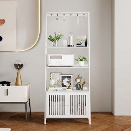 Ladder Shelf with Drawers, Bookshelf 4-Tier Bamboo Bookcase with 6 Hooks - color: 4-tier White