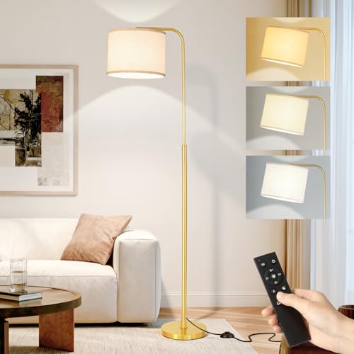 Arc Floor Lamp with Remote and Dimmable Gold Floor lamps for Living Room | Modern Tall Standing Lamp for Bedroom Corner and Office wiht Adjustable Hanging Drum Shade Over Couch Arched Reading Light - color: Gold