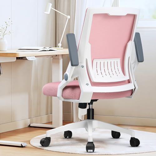 GTPLAYER Ergonomic Office Chair with Flip-up Armrests Executive Computer Chair for Home Office, Breathable Mesh & Comfy Lumbar Support, Pink - color: Petal-pink, size: Large