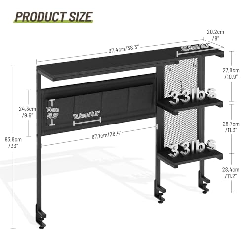 Clamp On Desk Shelf, 3-Tier Above Desk Extender with Pegboard & Hooks, Metal & Wooden Desktop Bookshelf & Organizer, Tabletop Storage Rack for Office Accessories, 38.3" W x 33" H, Black