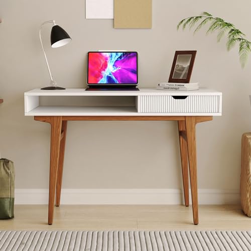 White Computer Desk with Drawers - 45 inch Minimalist Small Solid Wood Mid-Century Modern Office Desk for Home - Boho Style Writing Table with Open Storage,Light Wooden Desk Workspace