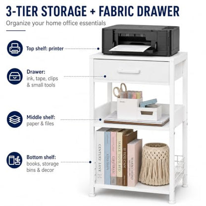 Lerliuo Printer Stand with Storage,3 Tier Home Office Organizer with Fabric Drawer,Industrial Style Printer Table for Printer, Scanner, Paper and Office Supplies - color: White