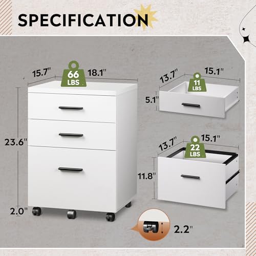 DEVAISE 3 Drawer File Cabinet for Home Office, Wood Under Desk Filing Cabinet, Rolling Printer Stand with Wheels, White - color: White, size: 15.7"D x 18.1"W x 25.6"H