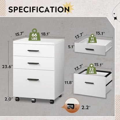 DEVAISE 3 Drawer File Cabinet for Home Office, Wood Under Desk Filing Cabinet, Rolling Printer Stand with Wheels, White - color: White, size: 15.7"D x 18.1"W x 25.6"H