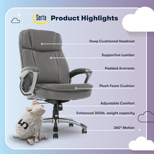 Serta Ergonomic Big and Tall Executive Office Chair Lumbar Support, Leather | Fairbanks, Gaming Chair with Headrest, 350lb Capacity, Padded Arms, Semi-Plush Seat Cushion, Adjustable Height and Tilt, Gray - color: Grey, size: 350 lbs
