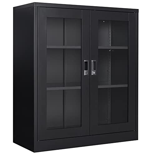 Black Metal Storage Cabinet with Doors and Shelves,36 inch Locking Display Cabinet with Acrylic Doors,Office Cabinets with Lock,Sideboard Cabinets for Home Office,Living/Dining/Utility Room, - color: Black, size: 36"H -Glass Door