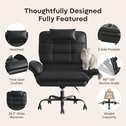 Bestier Criss Cross Chair with Adjustable Arms PU Leather Black | 135° Reclining Executive Chair with Headrest Big and Tall Computer Desk Chair for Home Makeup Office - color: Black Pu Leather, size: High Back