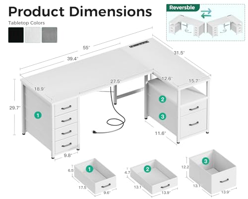 Coleshome 55 Inch L Shaped Office Desk with 6 Drawers, Power Outlet, White - color: White, size: 55 Inch