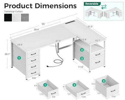 Coleshome 55 Inch L Shaped Office Desk with 6 Drawers, Power Outlet, White - color: White, size: 55 Inch