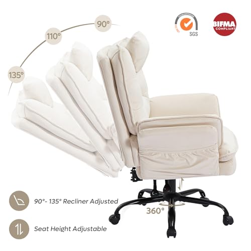 Bestier Swivel Executive Chair with Wheels and Headrest, Velvet Beige | 135° Reclining office chair with Flip-Up Armrests and Side Pockets, Wide and Tall Computer Gaming Chair for Home Makeup - color: Beige Velvet, size: High Back