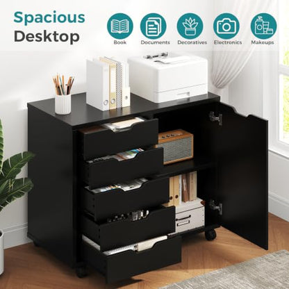 OLIXIS 5-Drawer Rolling Mobile File Cabinet Wood Printer Stand with Storage | Under Desk Storage with Locking Casters Adjustable Shelf, Wood Top 100 lbs Capacity for Home Office Organizer Compact, Black
