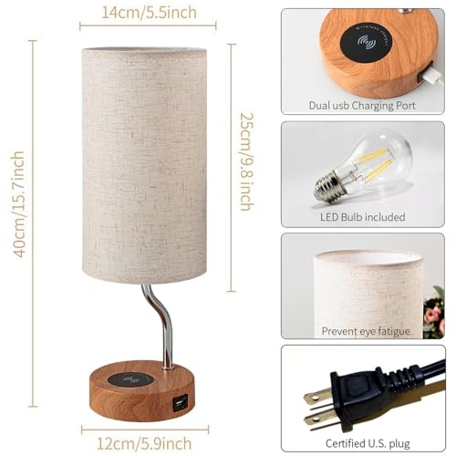 Upgraded Smart Bedside Table Lamp with Wireless Charger & USB Port - Touch Control LED Desk Lamp for Bedroom, Dimmable Wooden Nightstand Lamp with Fabric Shade for Home Living Room, Kid's Room Cream - color: Cream