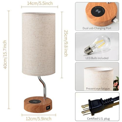 Upgraded Smart Bedside Table Lamp with Wireless Charger & USB Port - Touch Control LED Desk Lamp for Bedroom, Dimmable Wooden Nightstand Lamp with Fabric Shade for Home Living Room, Kid's Room Cream - color: Cream