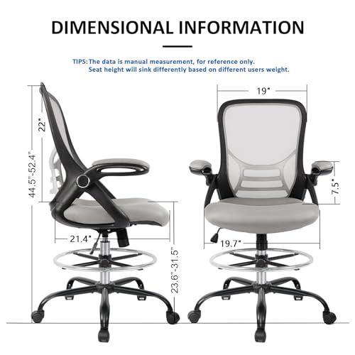 HYLONE Drafting Chair, Tall Office Chair Standing Desk Chair Grey Mesh High-Back Drafting Stool with Flip-Up Arms, Adjustable Foot Ring - color: Black Frame & Grey Mesh