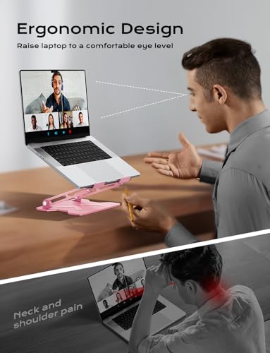 JCZT Adjustable Laptop Stand for Desk, Metal Foldable Laptop Riser, Pink | Ergonomic Portable Laptop Stand, Ventilated Cooling Computer Notebook Holder for MacBook Air Pro, All 10-16'' Laptops - color: Pink