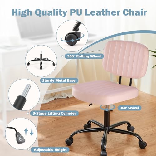 DUMOS Armless Home Office Chair: Small Desk Chair with Low Back Lumbar Support, Height Adjustable PU Leather Computer Task with 360° Swivel Wheels, for Adults, Pink - color: Pink