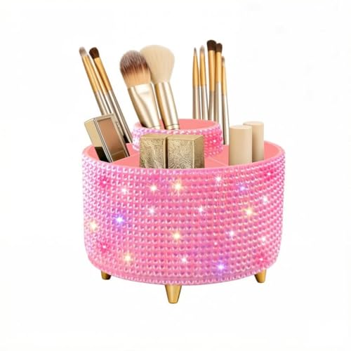 Bling Makeup Brush Holder,360° Rotating Makeup Brush Organizer,5 Slot Make up Brushes Cup for Cosmetics,Large Capacity,For Nail Polish, Art Supply, Bathroom Vanity,Cosmetics Organizer,Diamond Pink - color: Diamond Pink