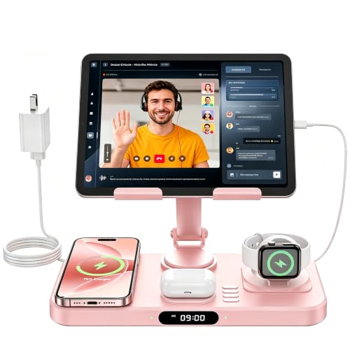 6 in 1 Wireless Charger for Apple Multiple Devices, Charging Station with Clock &7 Color Ambient Light, Foldable Rotate Stand for iPad, for iPhone18/17/16/15, Support for Apple Watch12/11 For AirPods5 - color: Pink