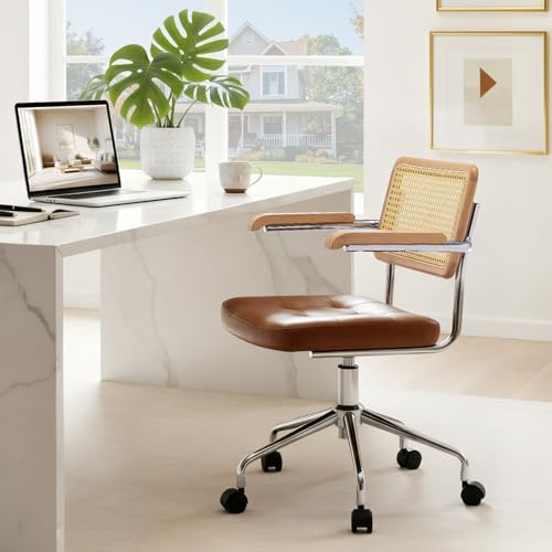 Zesthouse Leather Office Desk Chair with Wheels, Mid Century Rolling Desk Chair with Wood Arm & Natural Rattan Back, Modern Swivel Home Office Chair, Small Height Adjustable Computer Task Chair, Brown - color: Brown, size: Armrest