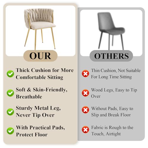NIOIIKIT Modern Velvet Dining Chairs Hand Weaving Accent Chairs Living Room Chairs Upholstered Side Chair with Golden Metal Legs for Dining Room Kitchen Vanity Living Room (Ivory) - color: Ivory