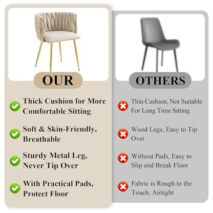 NIOIIKIT Modern Velvet Dining Chairs Hand Weaving Accent Chairs Living Room Chairs Upholstered Side Chair with Golden Metal Legs for Dining Room Kitchen Vanity Living Room (Ivory) - color: Ivory