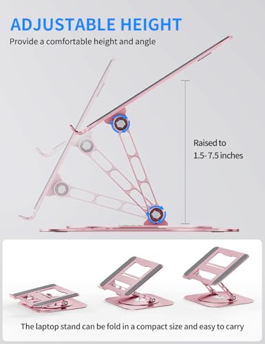 AOEVI Adjustable Laptop Stand with 360 Rotating Base, Computer Stand for Laptop Ergonimic Foldable Laptop Riser for Desk Compatible with MacBook Pro/Air Notebook up to 16 Inches,Pink - color: Pink