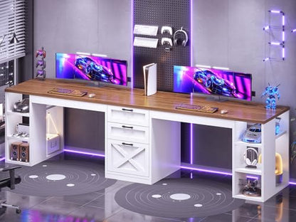 SEDETA Farmhouse 96.5" 2 Person Computer Desk with Storage Drawers | Home Office Desk, Gaming Double Desk, Long Two Person Writing Desk with Shelves, White and Brown - color: White and Brown