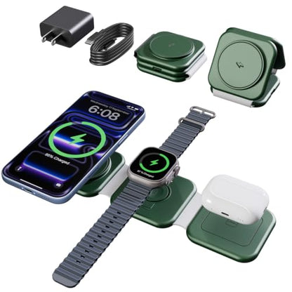 15W Magnetic Travel Charging Station, 3-in-1 Foldable MagSafe Charger - color: Forest Green