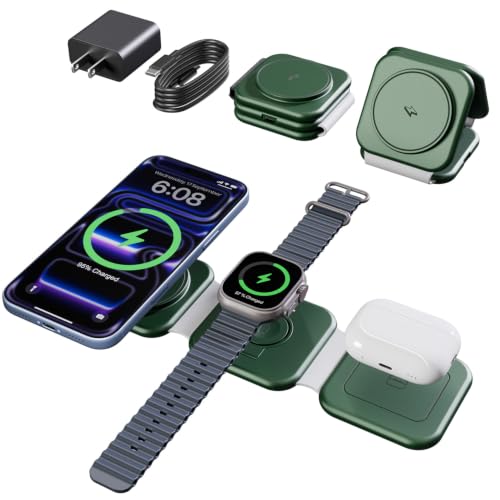 15W Magnetic Travel Charging Station, 3-in-1 Foldable MagSafe Charger - color: Forest Green