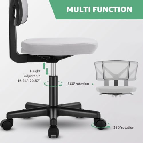 Armless Mesh Office Chair, Ergonomic Low Back Deskchair, Adjustable Rolling Task Computer Swivelchairs for Small Spaces Home Bedroom Study, Gray - color: Grey
