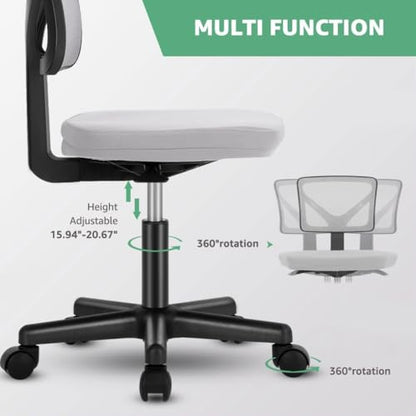 Armless Mesh Office Chair, Ergonomic Low Back Deskchair, Adjustable Rolling Task Computer Swivelchairs for Small Spaces Home Bedroom Study, Gray - color: Grey