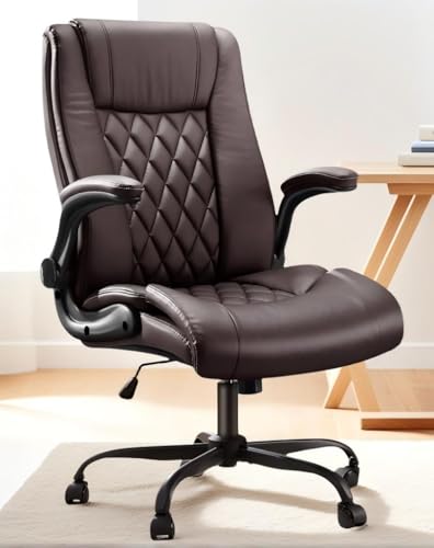 Marsail Executive Office Chair Ergonomic Desk Chair with Flip-up Armrests PU Leather Height-Adjustable Swivel Rolling Brown - color: Brown