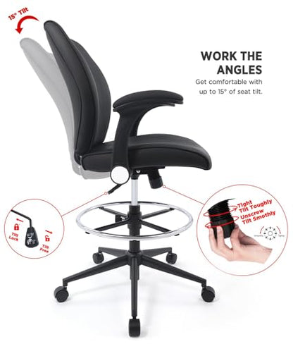 Ergonomic Adjustable Drafting Chair Extra Tall Office Stool for Standing Desk, Mid Back Faux Leather Counter Height Comfortable Bar High Roll Tilt Computer Chair with Flip Up Arms and Foot Ring, Black
