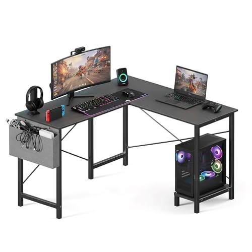 OLIXIS L Shaped Desk, 50-Inch Office Computer Gaming Desks Corner PC Table with Side Bag and Reversible Shelf for Home Work Study Writing Black | Side Bag, Reversible Shelf, Home Work Study Writing, PC Workstation, Easy Assembly, Black - color: Black