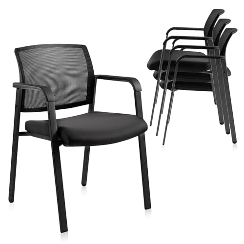 CLATINA Home Office Desk Chair No Wheels,Ergonomic Mesh Mid Back Stacking Arm Chair for Remote Learning,Small Office,Guest Chair,College Apartment (Black, 4 Pack)
