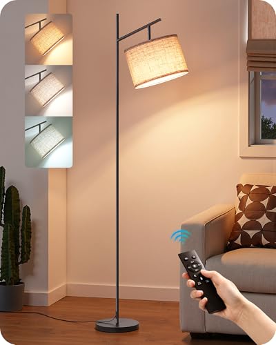 EDISHINE 64.7IN Floor Lamp for Living Room with Remote, Modern Tall Standing Lamp, Dimmable & 5CCT, Foot Pedal Switch, Minimalist for Bedroom, Bulb Included, Black - color: Black Linen