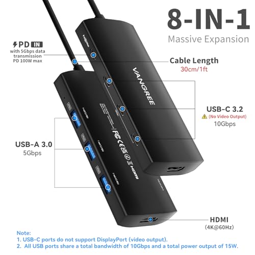 VANGREE USB C Hub 8 in 1, 3 USB-C+3 USB-A 3.2 10Gbps, 4K60Hz HDMI, 100W PD - color: Black