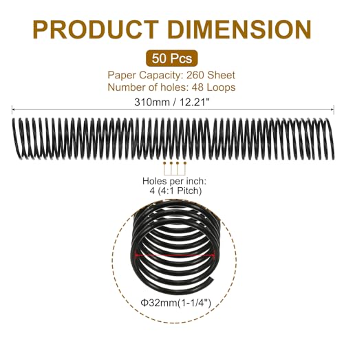 PATIKIL 50 Pack Plastic Spiral Binding Coils, 32mm(1-1/4") Binding Coils 260 Sheet Capacity Spiral Binder Rings 4:1 Pitch for Office Classroom, Black - size: 1-1/4 Inch