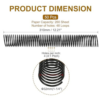 PATIKIL 50 Pack Plastic Spiral Binding Coils, 32mm(1-1/4") Binding Coils 260 Sheet Capacity Spiral Binder Rings 4:1 Pitch for Office Classroom, Black - size: 1-1/4 Inch