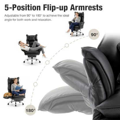 Executive Leather Criss Cross Office Chair with Foot Rest &Flip Arms | Big and Tall 155° Reclining Desk Chair with Wide Seat for Cross Legged Sitting for Home Office, PU Leather, 400LBS - color: Black