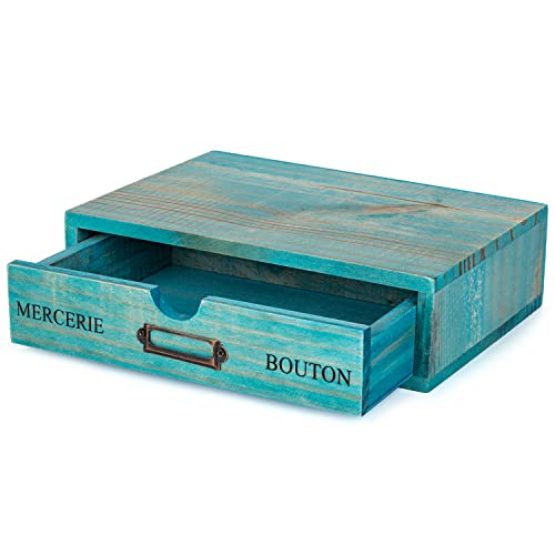 Turquoise Single Drawer Unit - European Country Style Desk Organizer Box - 9.7x7x2.6 Teal Wooden Stackable Drawer - Countertop Organizer Drawer w/Label Holder - Single Monitor Shelf - style: 1 Drawer I 2.6"