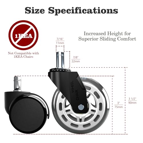 3 Inch Office Chair Casters Heavy Duty (5-Pack) - 650LBS Capacity PU Wheels,Office Chair Wheels Replacement，Non-Marking Hardwood Floor Safe,Fits Standard 7/16" x 7/8" Stem Chairs - color: White, size: 11mm-Fit Most