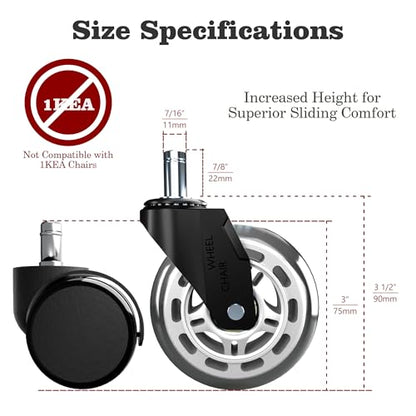 3 Inch Office Chair Casters Heavy Duty (5-Pack) - 650LBS Capacity PU Wheels,Office Chair Wheels Replacement，Non-Marking Hardwood Floor Safe,Fits Standard 7/16" x 7/8" Stem Chairs - color: White, size: 11mm-Fit Most