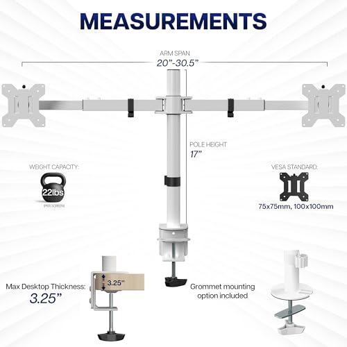 VIVO Dual LCD LED 21 to 32 inch Monitor Desk Mount, Heavy Duty, Adjustable Telescoping Arms, Flush Wall Setup, Fits 2 Screens, White, STAND-V002EW - color: White, size: 21" to 32"