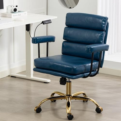 Faux Leather Home Office Desk Chair, Ergonomic Executive Computer Chair with Gold Base, Padded Seat and Armrests, Adjustable Height Swivel Makeup Vanity Chair with Wheels, Blue - color: Blue