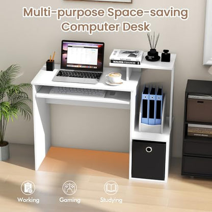 GIANTEX White Computer Desk with Drawers & Keyboard Tray, Modern Home Office Desk with Storage Shelves & Printer Stand, Laptop PC Table for Workstation, Study Writing Desk for Small Spaces, Bedroom