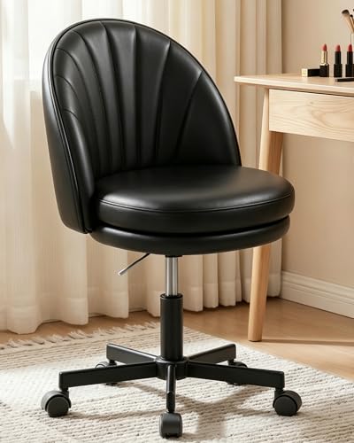 GTPOFFICE Vanity Chair with Back, Adjustable Tall Office Chair High Swivel Bar Stools Fluffy Cute Desk Chair Comfy with Wheels Armlees Counter Height for Adults Standing Desk Bar, Smooth Pu, Black - color: Pu-black
