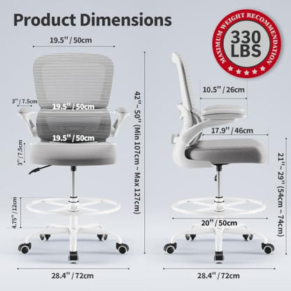TRALT Drafting Chair - Tall Office Chair with Lumbar Support for High Desk - color: Grey