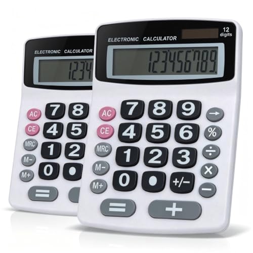 Lily's Home Jumbo 12-Digit Desktop Calculator Set of 2 (White), Solar/Battery Dual Power, Large Tilted LCD Display, Big Button Design, Quiet Operation, for Office, School, Business & Home Use - color: White-2PK